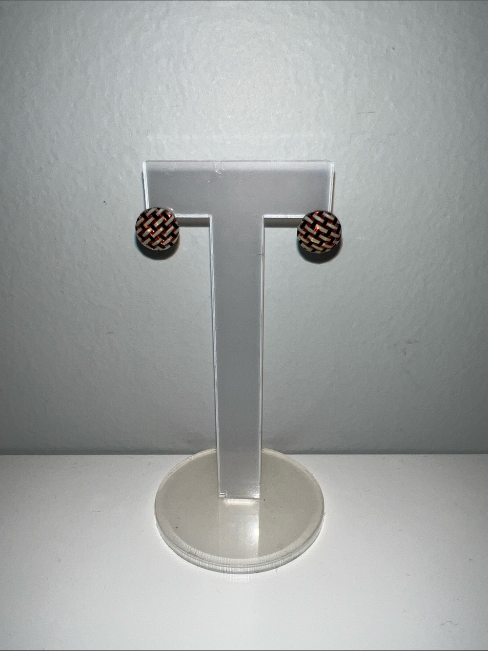 Woven Pattern Round Stud Earrings (Black/White/Red)
